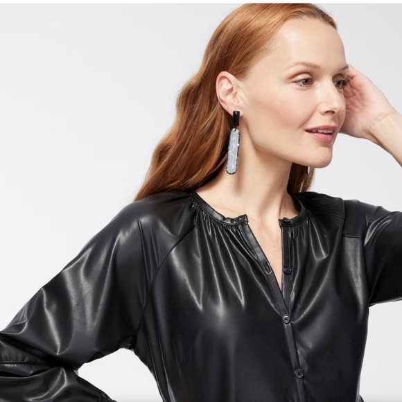 CHICO’S FAUX LEATHER MIDI TIERED DRESS WITH SLEEVES - Picture 5 of 16